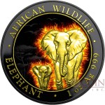 Somalia BURNING SOMALI ELEPHANT series AFRICAN WILDLIFE 100 Shillings Silver coin 2015 Black Ruthenium & Gold Plated 1 oz
